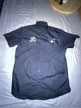 Molokai Surf Co. Navy Blue Short Sleeve Shirt with Om and Meditating Figure Grap